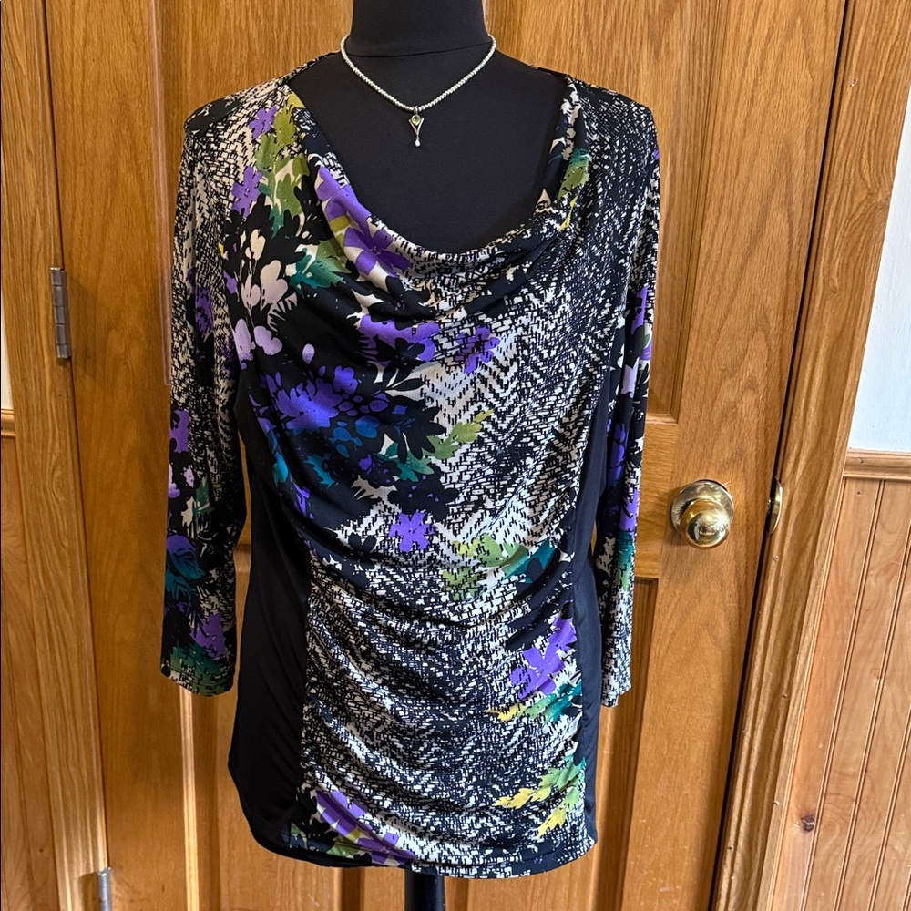 Dana Buchman Black and Purple Floral Blouse